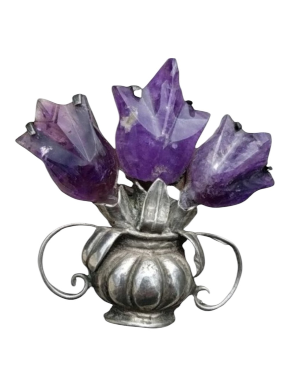 Vintage 1940’s Mexico Sterling Carved Amethyst Urn Brooch